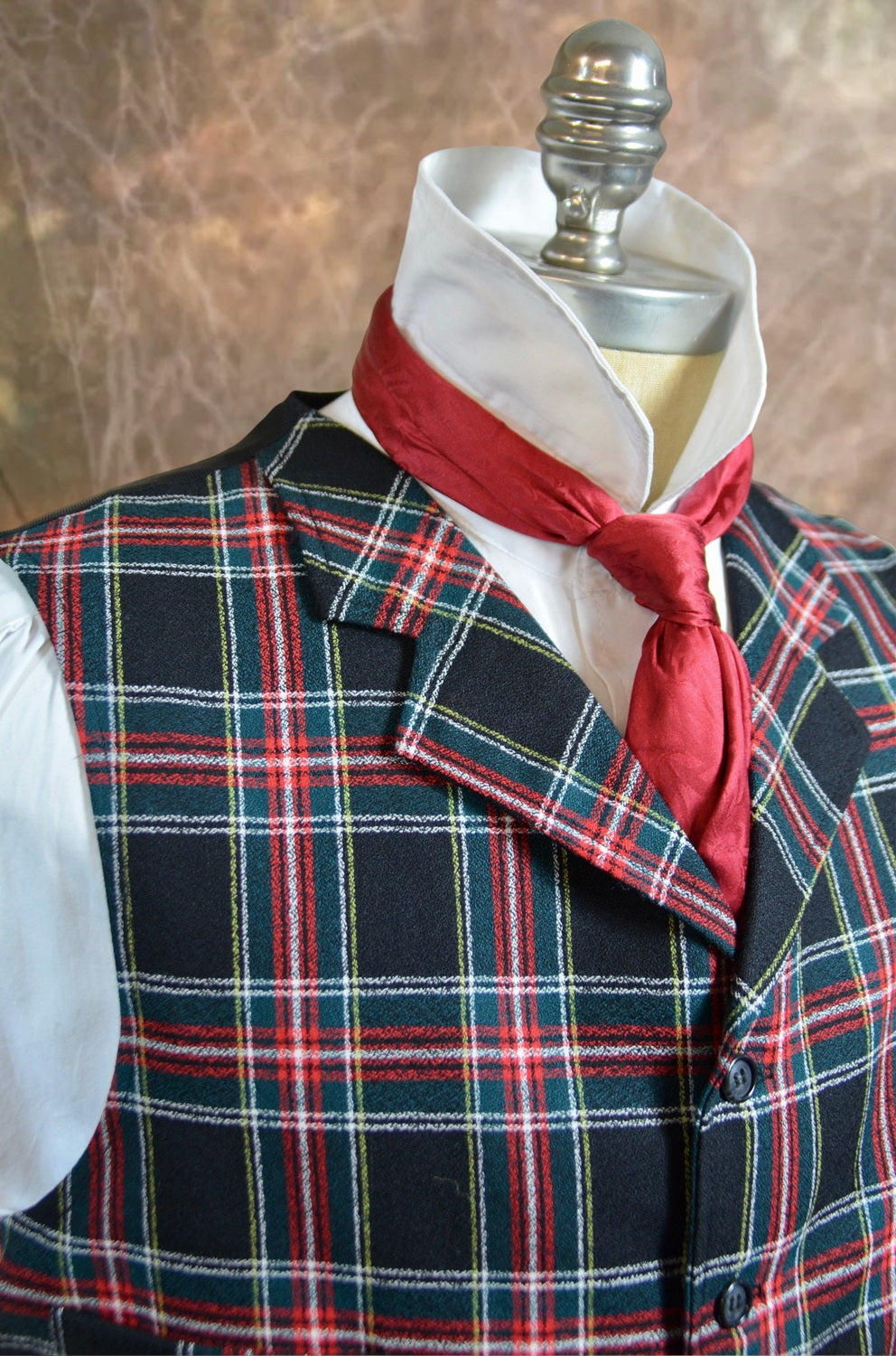 Men's Notch Vest - Red Black and White Tartan f04