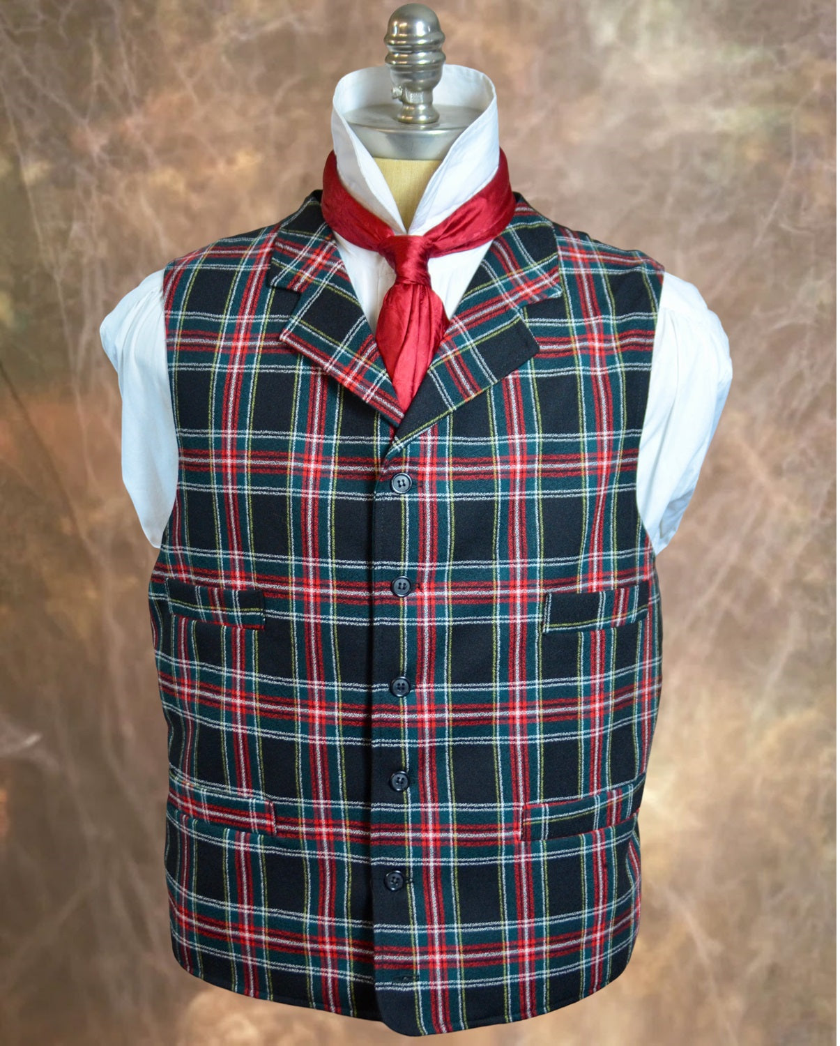 Men's Notch Vest - Red Black and White Tartan f04 Small Men's Notch Vest - Red Black and White Tartan f04 Small