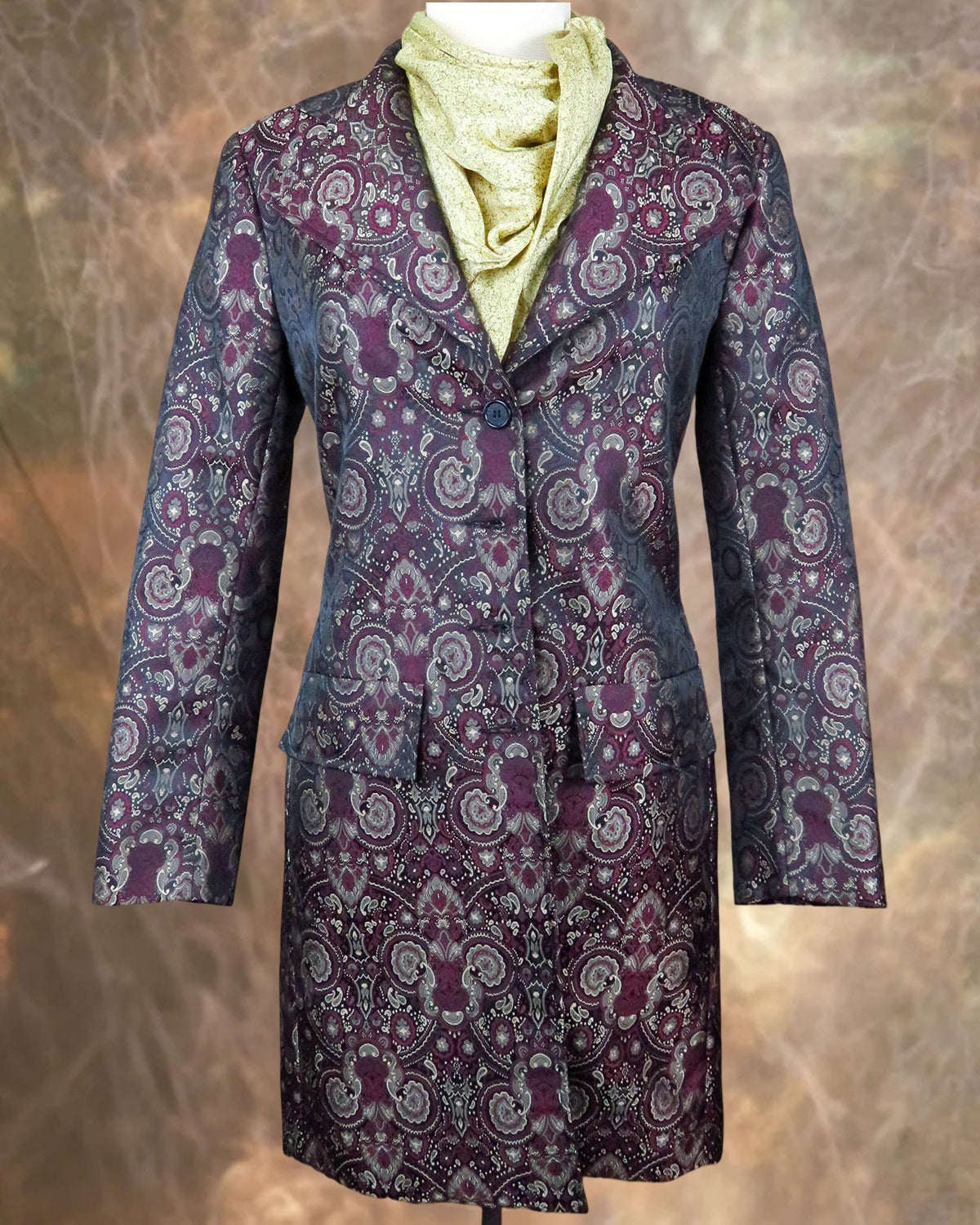Slimming Burgundy Paisley Brocade Frock Coat | Fitted Mid-Length Outerwear | Frontier 38W Slimming Burgundy Paisley Brocade Frock Coat | Fitted Mid-Length Outerwear | Frontier 38W