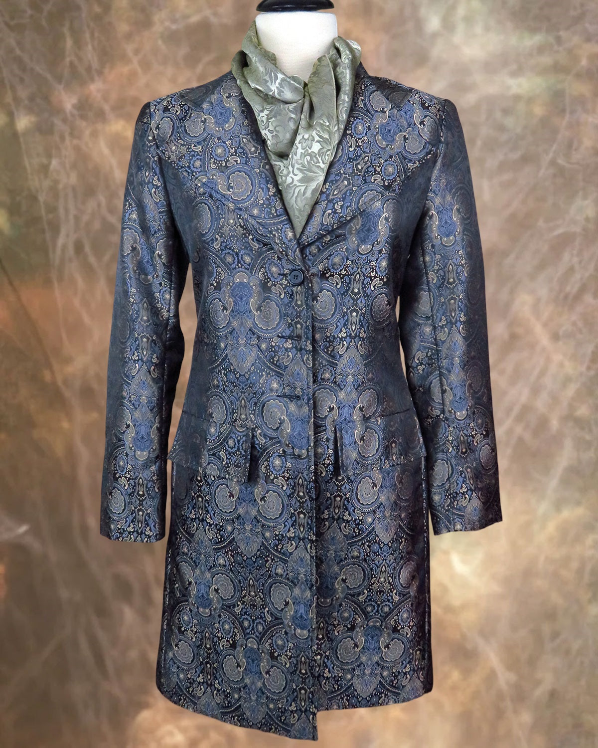 Slimming Gunmetal Brocade Frock Coat | Fitted Mid-Length Outerwear | Frontier 30W Slimming Gunmetal Brocade Frock Coat | Fitted Mid-Length Outerwear | Frontier 30W