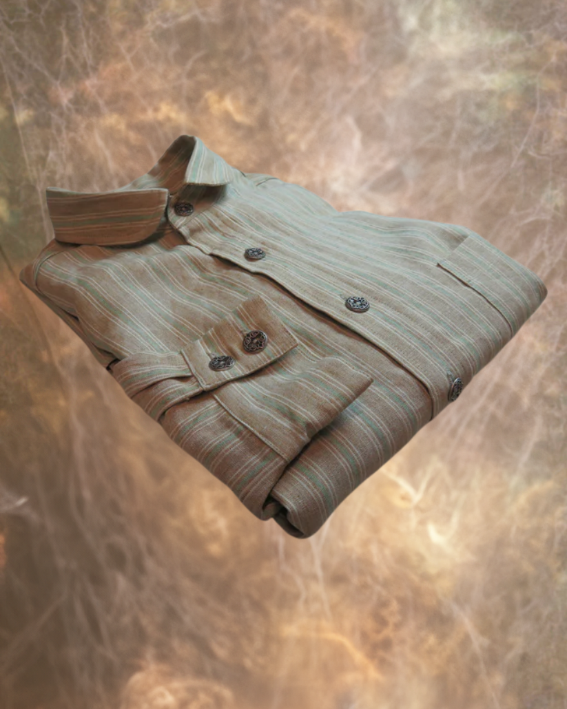 Light Brown with Green and Tan Stripe Men's Dakota Shirt 100% linen