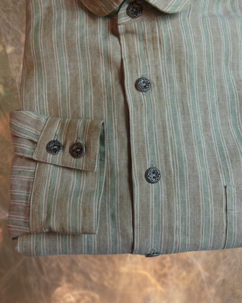 Light Brown with Green and Tan Stripe Men's Dakota Shirt 100% linen