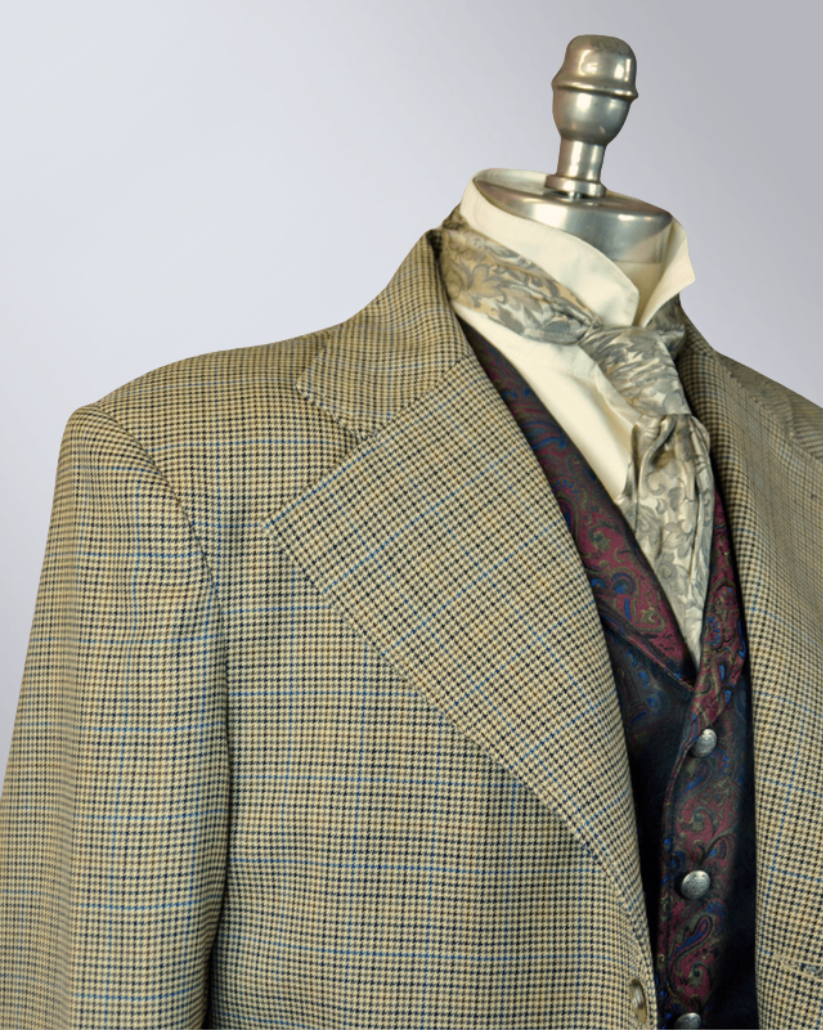 Men's Tan Houndstooth Frock Coat - Copper and Blue Windowpane
