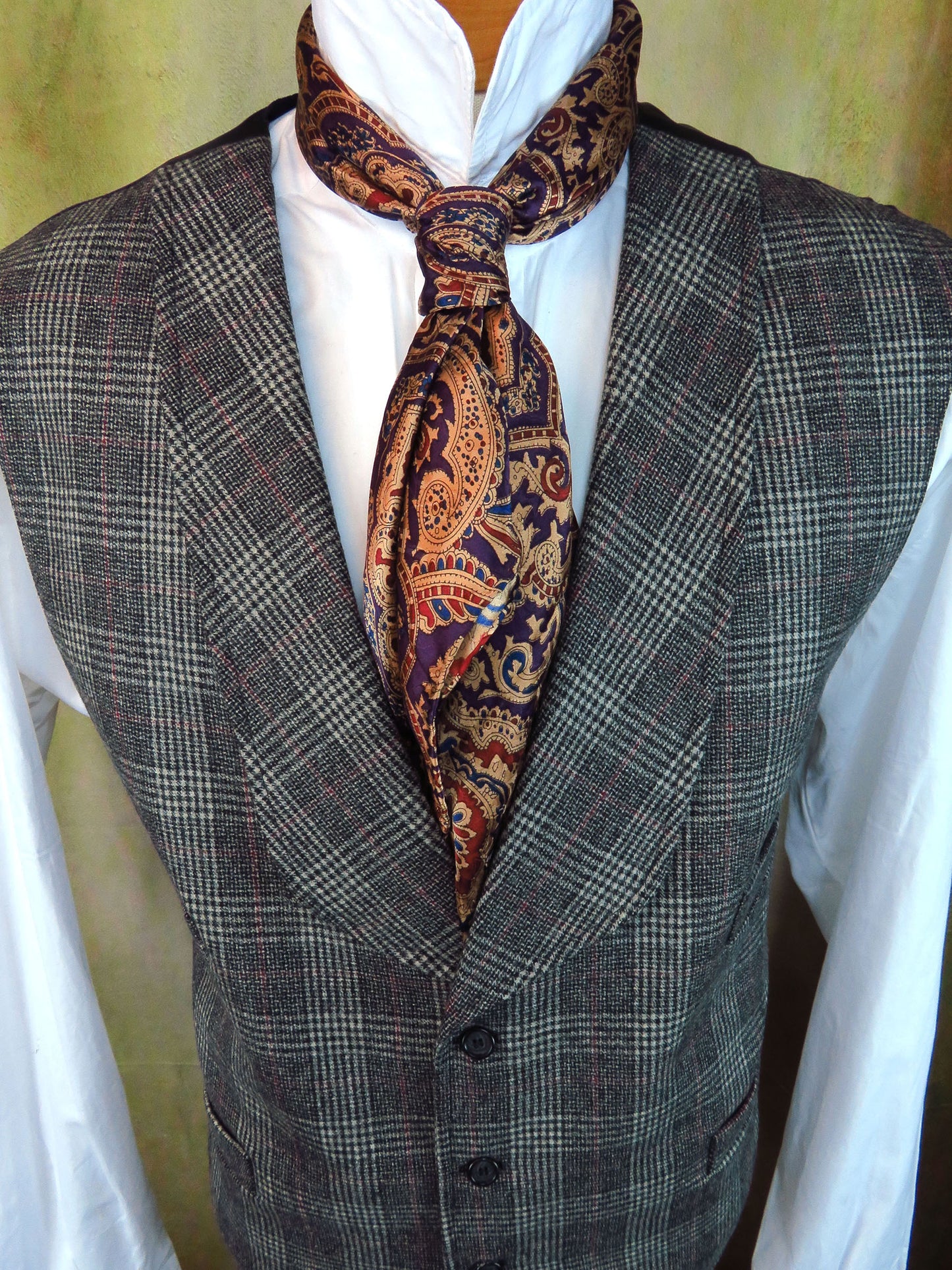 Men's Shawl Vest - Pewter Grey and Wine Glen Plaid #540
