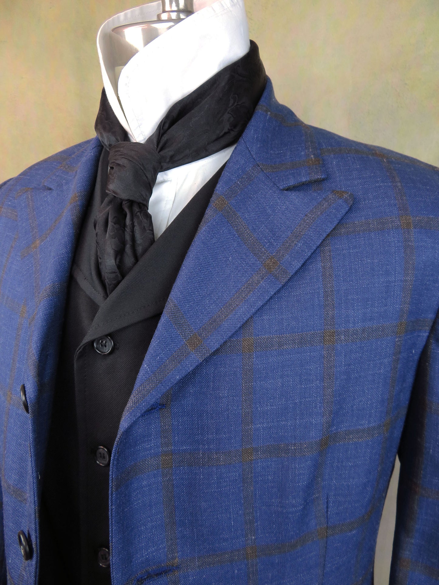 Men's Town Coat - Cobalt Blue and Dark Windowpane Linen Wool Blend #990B