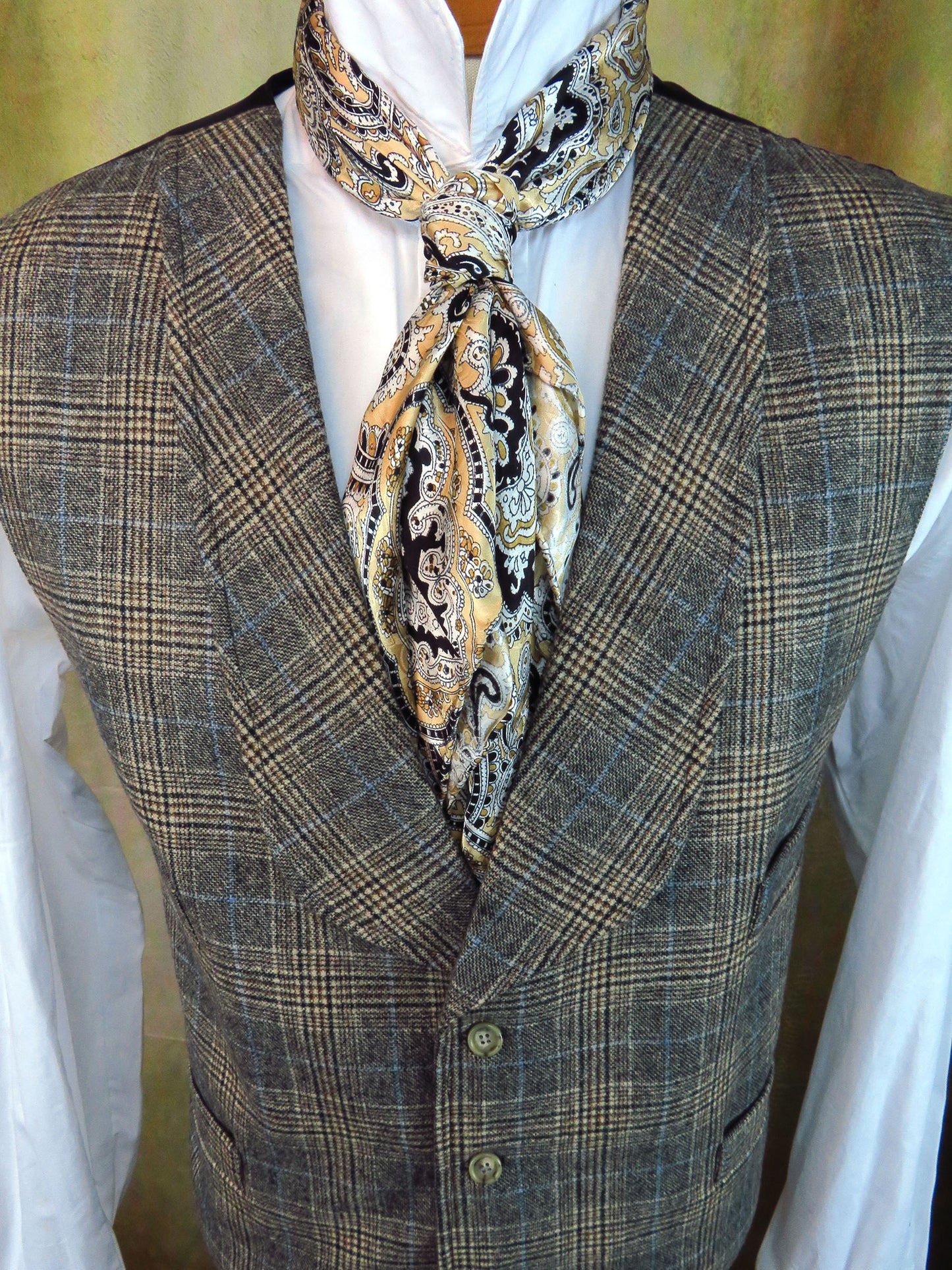 Men's Shawl Vest - Grey and Tan Glen Plaid with Powder Blue Windowpane #615-B