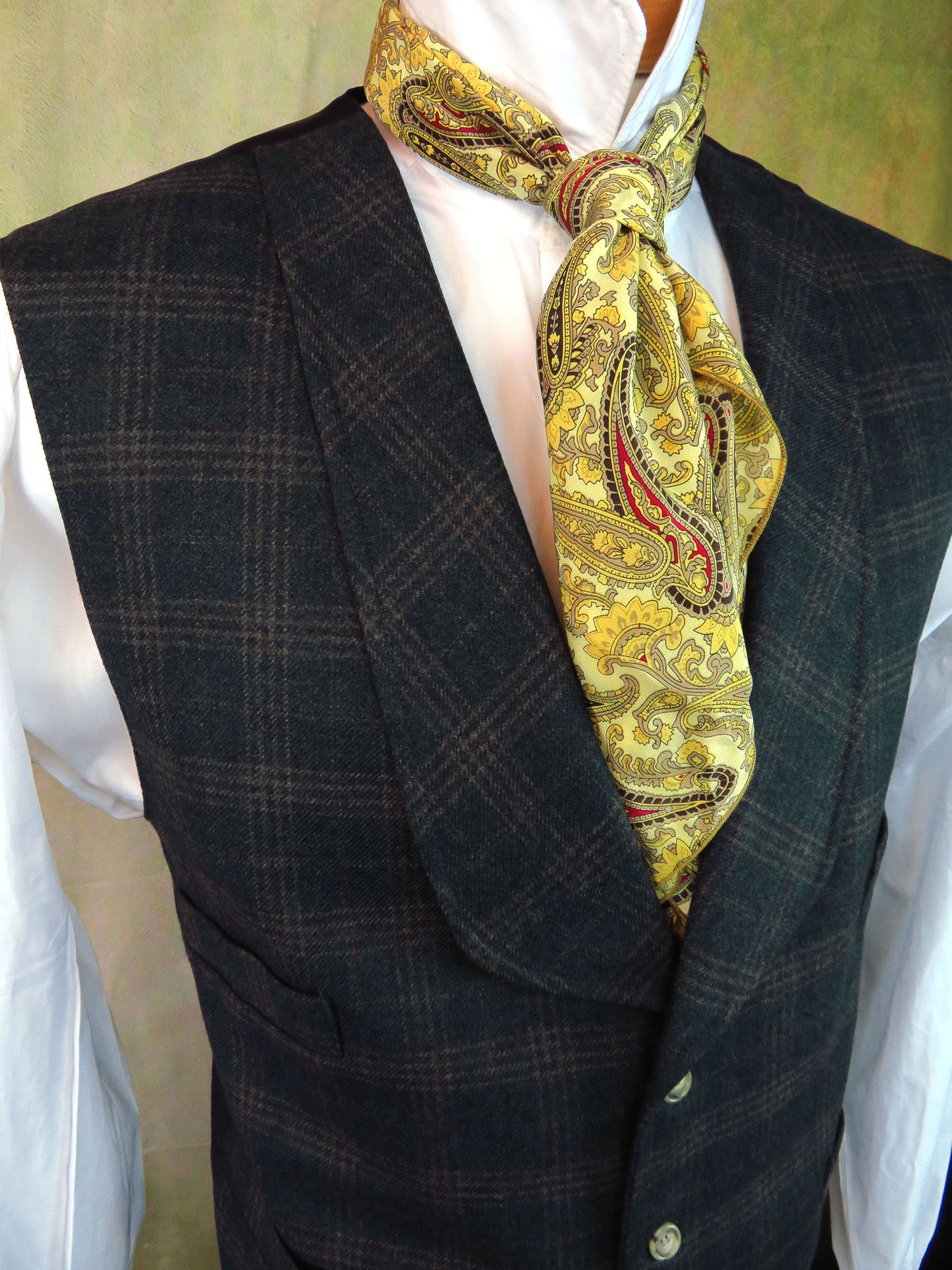 Men's Shawl Vest - Juniper Green with Brown Glen Plaid #181-B