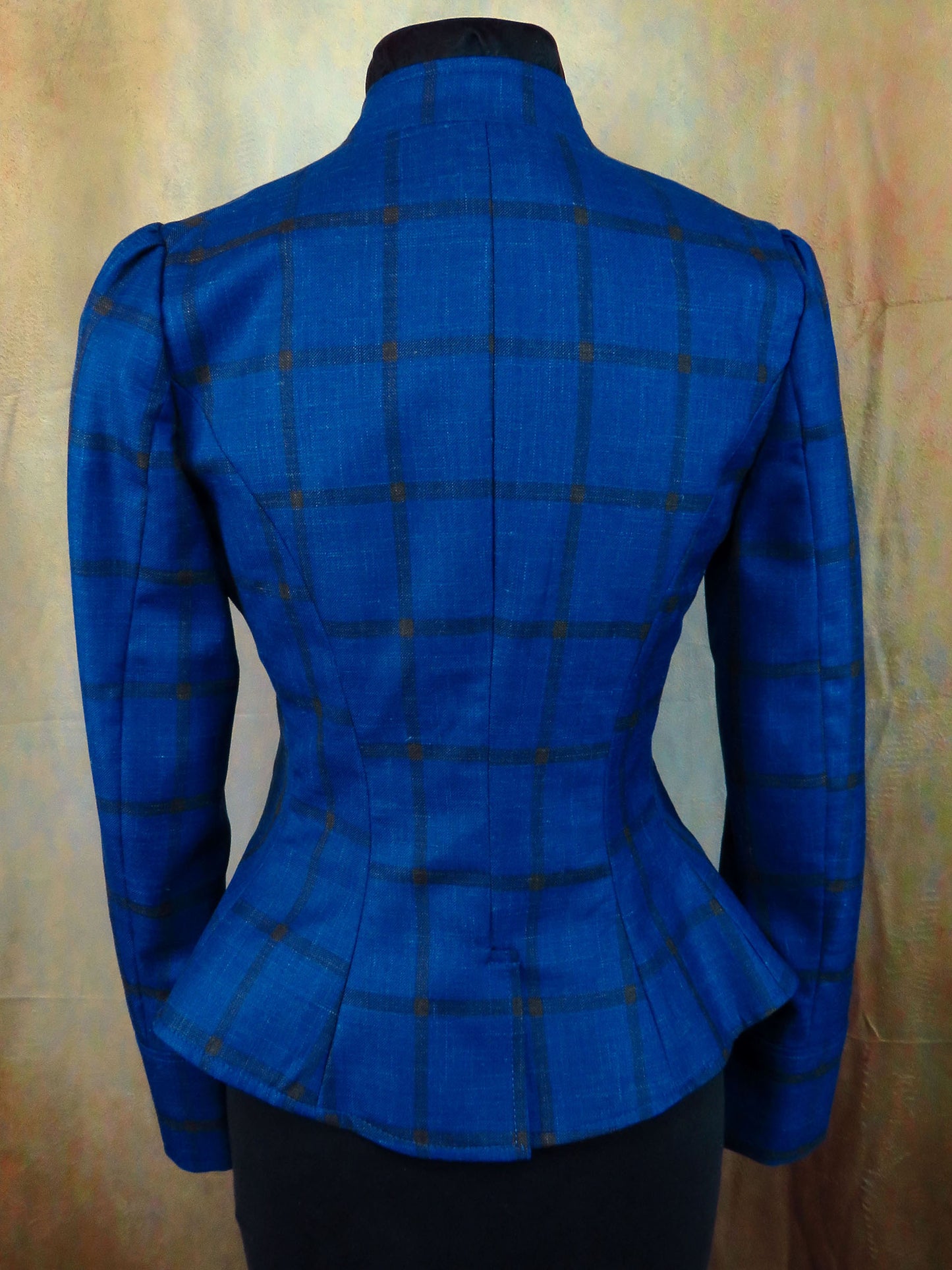 Women's Victoriana Jacket - Cobalt Blue and Dark Windowpane Linen Wool Blend #990-B