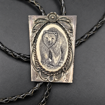 Signed Vintage Bear Scrimshaw Southwestern Bolo Tie