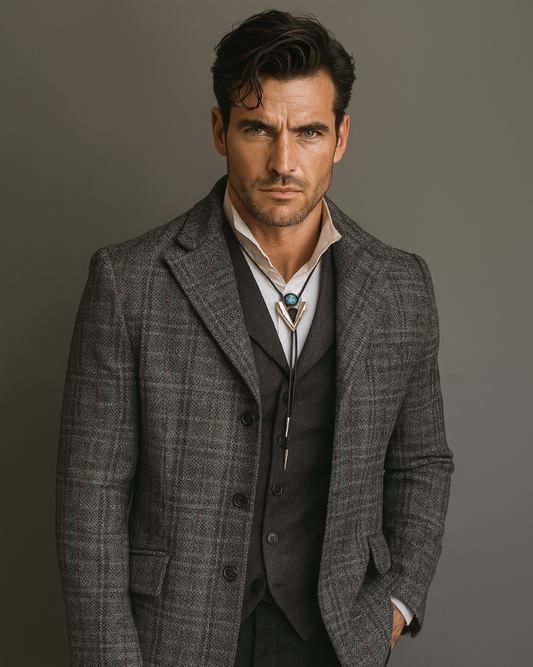 Men's Town Coat - Grey Ridge in Grey, Red and Sky Blue Windowpane Tweed