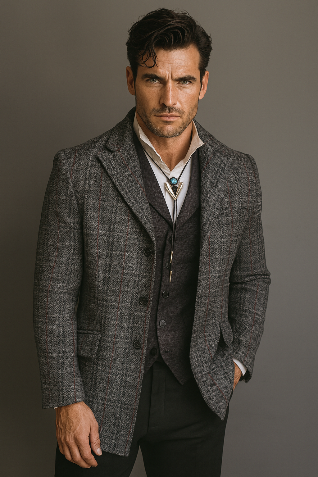 Men's Town Coat - Grey Ridge in Grey, Red and Sky Blue Windowpane Tweed