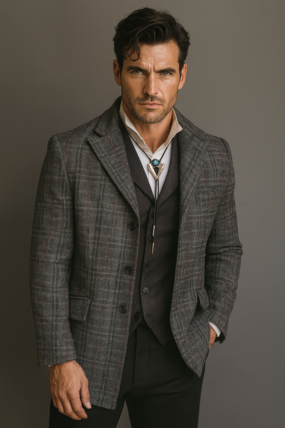 Men's Town Coat - Grey Ridge in Grey, Red and Sky Blue Windowpane Tweed