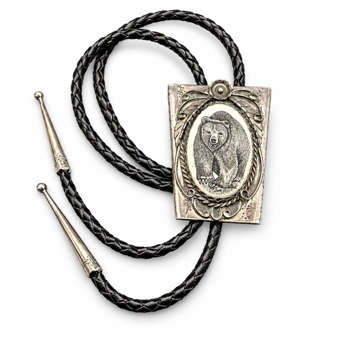 Signed Vintage Bear Scrimshaw Southwestern Bolo Tie