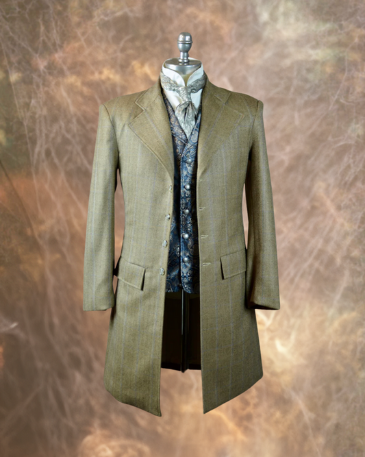Men's Frock Coat - Dark Tan Herringbone with Blue Accent