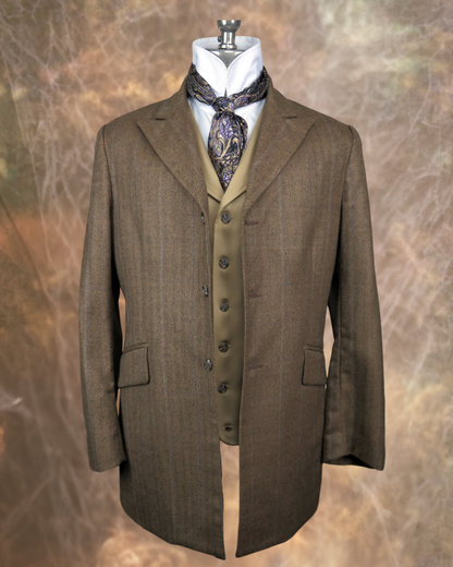 Men's Town Coat - Dark Tan Herringbone with Blue Accent