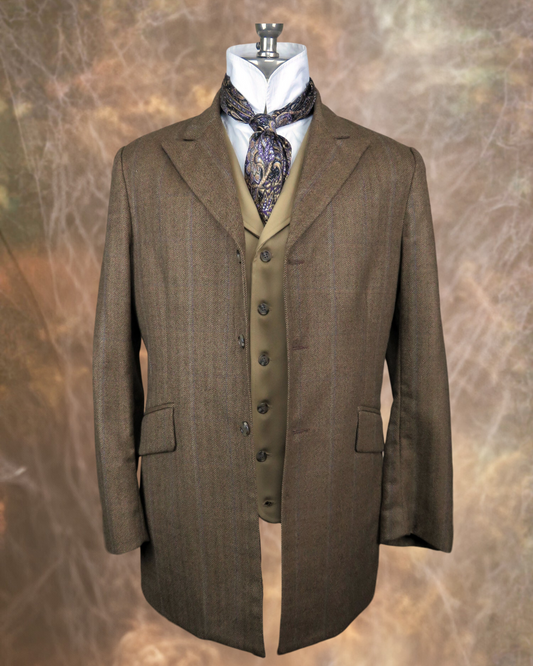 Men's Town Coat - Dark Tan Herringbone with Blue Accent