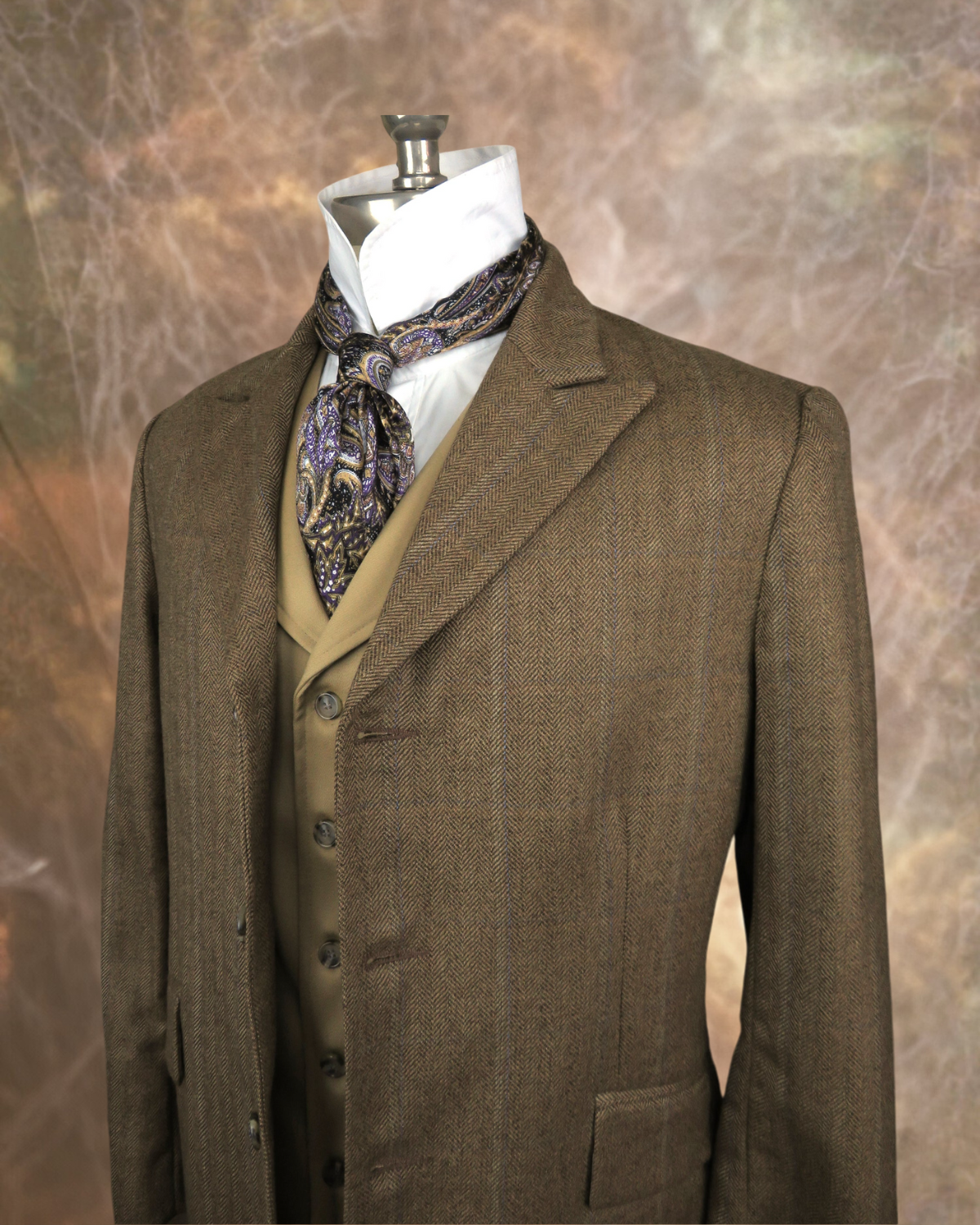Men's Town Coat - Dark Tan Herringbone with Blue Accent