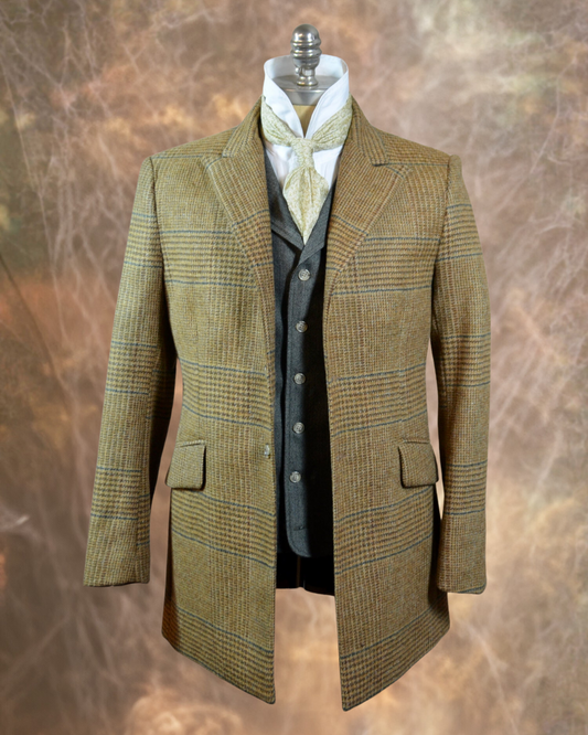 Men's Town Coat - Tan and Brown Glen Plaid with Green Windowpane