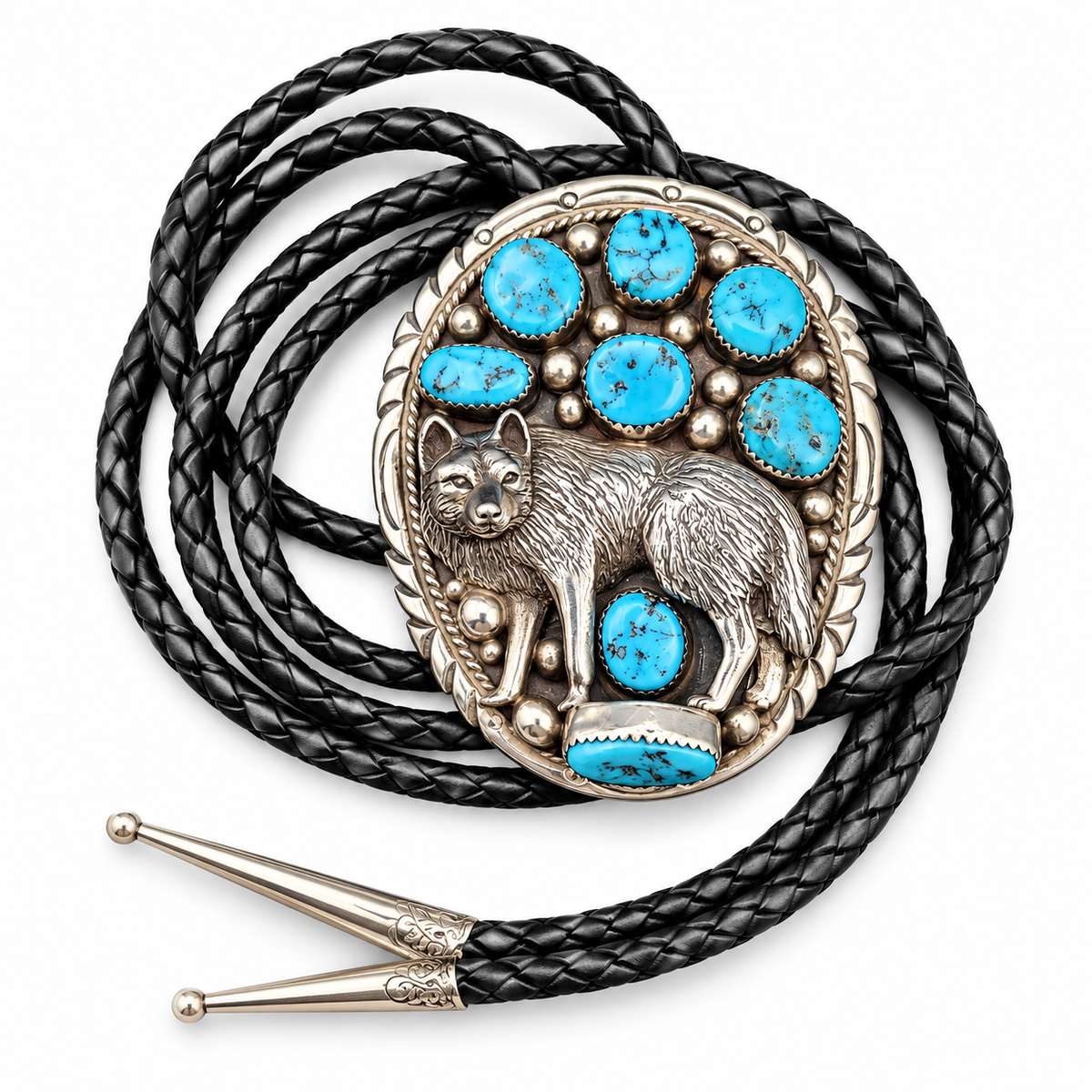 Tommy Moore Navajo Sterling Silver Turquoise Wolf Bolo Tie
