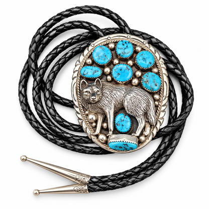 Tommy Moore Navajo Sterling Silver Turquoise Wolf Bolo Tie