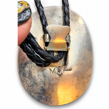 Signed MR Sterling Silver Large Turquoise Shadowbox Bolo Tie