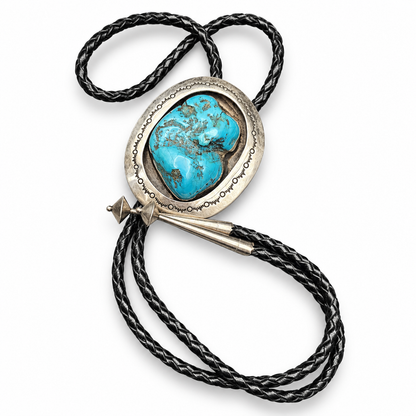 Signed MR Sterling Silver Large Turquoise Shadowbox Bolo Tie