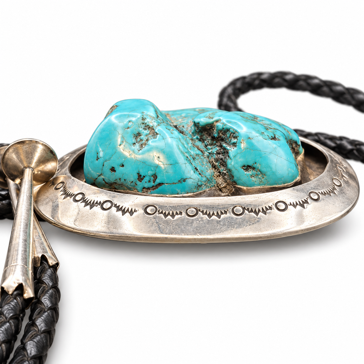 Signed MR Sterling Silver Large Turquoise Shadowbox Bolo Tie
