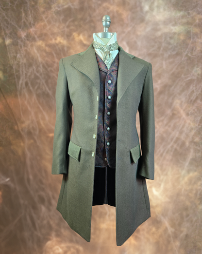 Men's Frock Coat - Dark and Light Brown Herringbone with contrasting collar and pocket flaps
