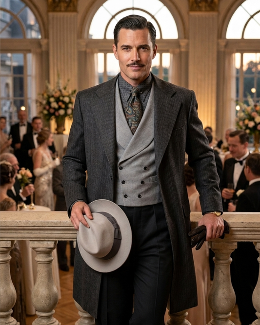 Men's Grey Chalk Stripe Wool Frock Coat