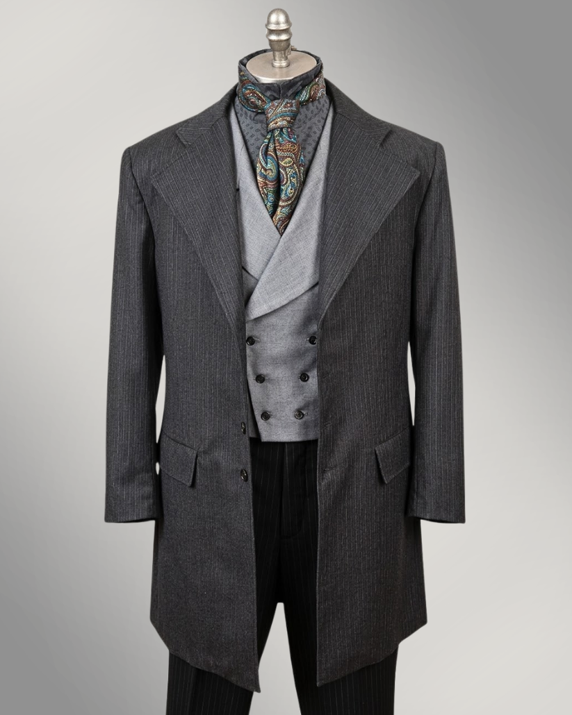 Men's Grey Chalk Stripe Wool Frock Coat