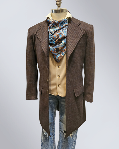 Men's Espresso with Cobalt Windowpane Wool Frock Coat (429-A)