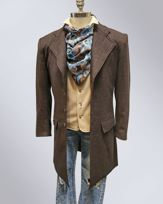 Men's Espresso with Cobalt Windowpane Wool Frock Coat (429-A)