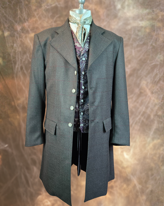 Men's Frock Coat - Olive with Burgundy Windowpane
