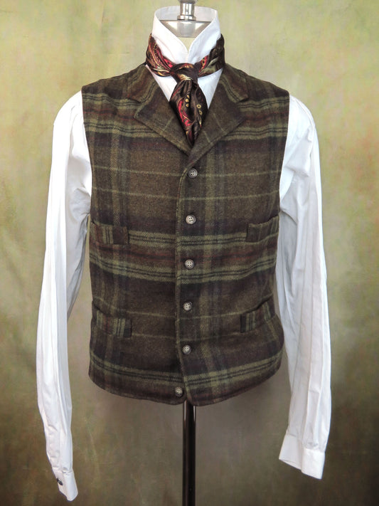 Men's Notch Vest - Brown, Rust and Taupe Plaid Flannel