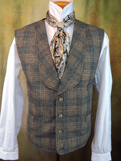 Men's Shawl Vest - Grey and Tan Glen Plaid with Powder Blue Windowpane #615-B