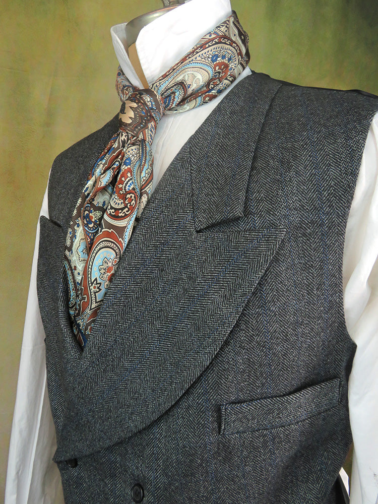 Men's Double Breasted Vest - Dark Grey Herringbone with Blue Accents