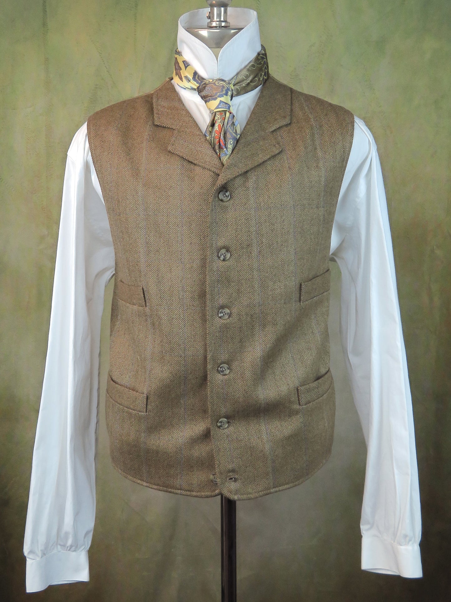 Men's Notch Vest - Dark Tan Herringbone with Blue Accent #564-B