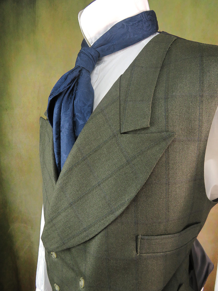 Men's Double Breasted Vests - Greyish Blue Variegated Herringbone with Royal Blue Accent