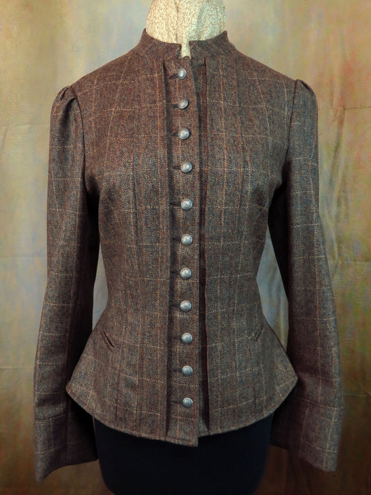 Women's Victoriana Jacket - Brown Tweed with Rust, Tan and Teal Windowpane #2125
