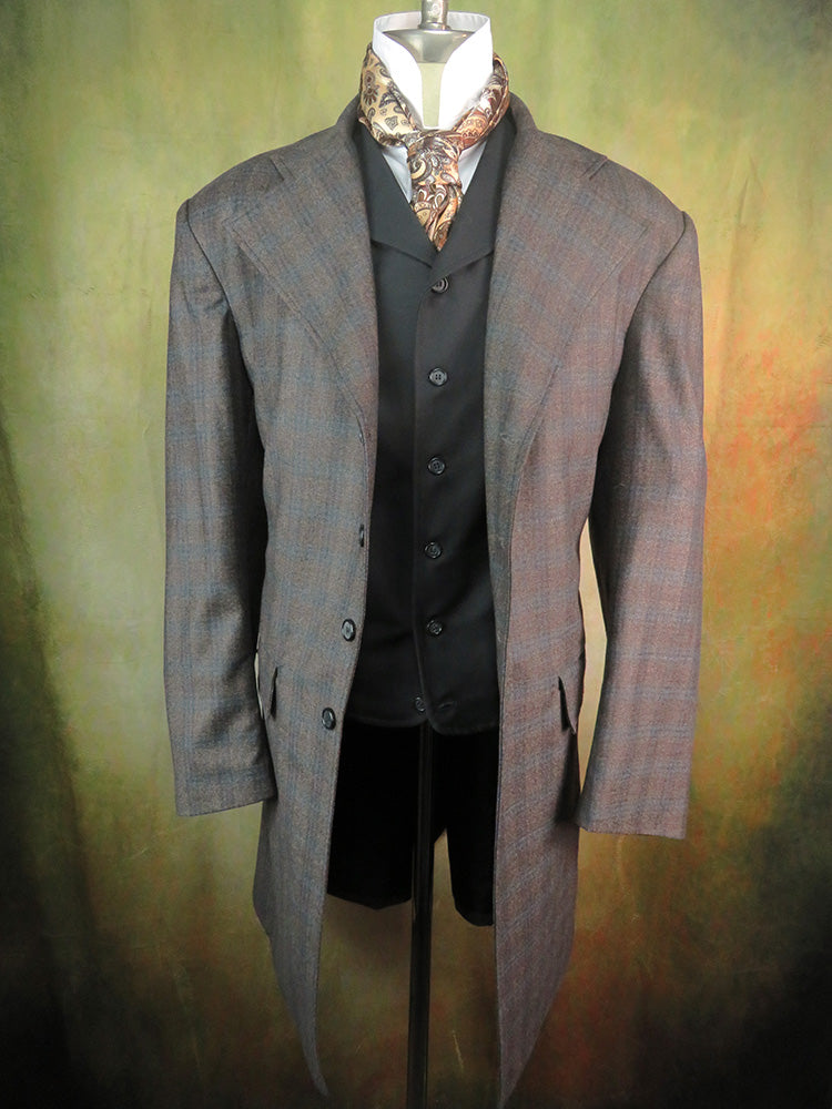Men's Frock Coat - Muted Brown and Pale Blue Glen Plaid f109