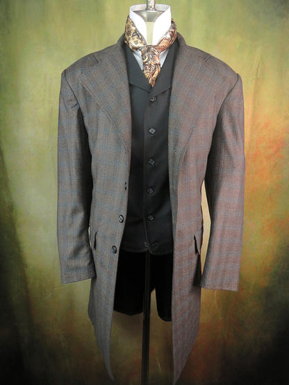 Men's Frock Coat - Muted Brown and Pale Blue Glen Plaid f109