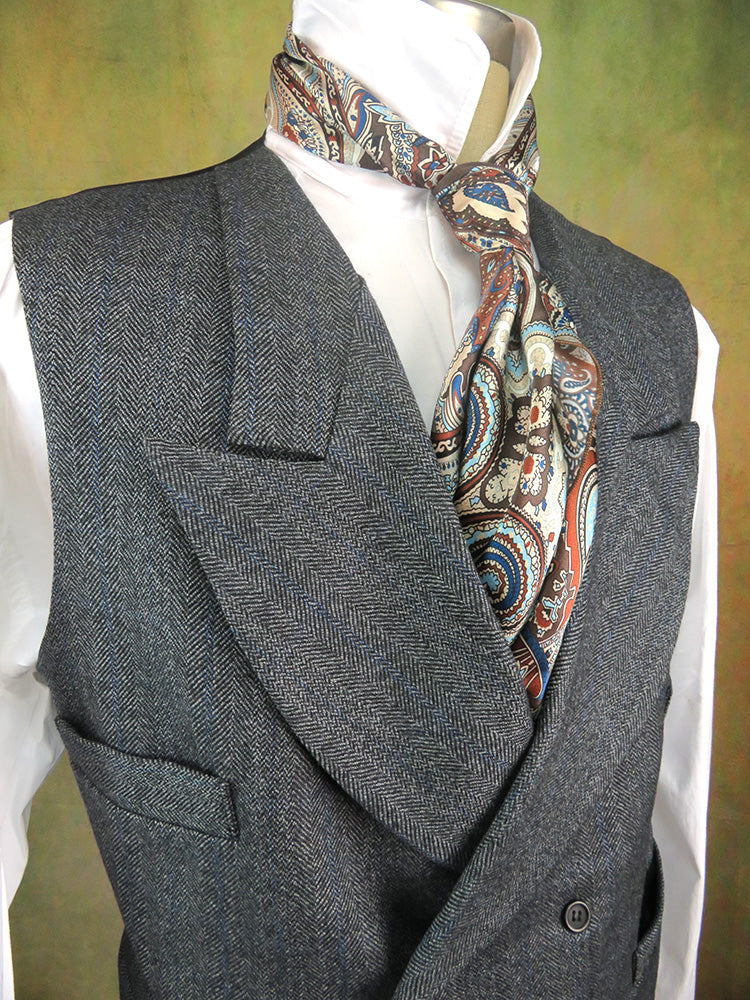 Men's Double Breasted Vest - Dark Grey Herringbone with Blue Accents