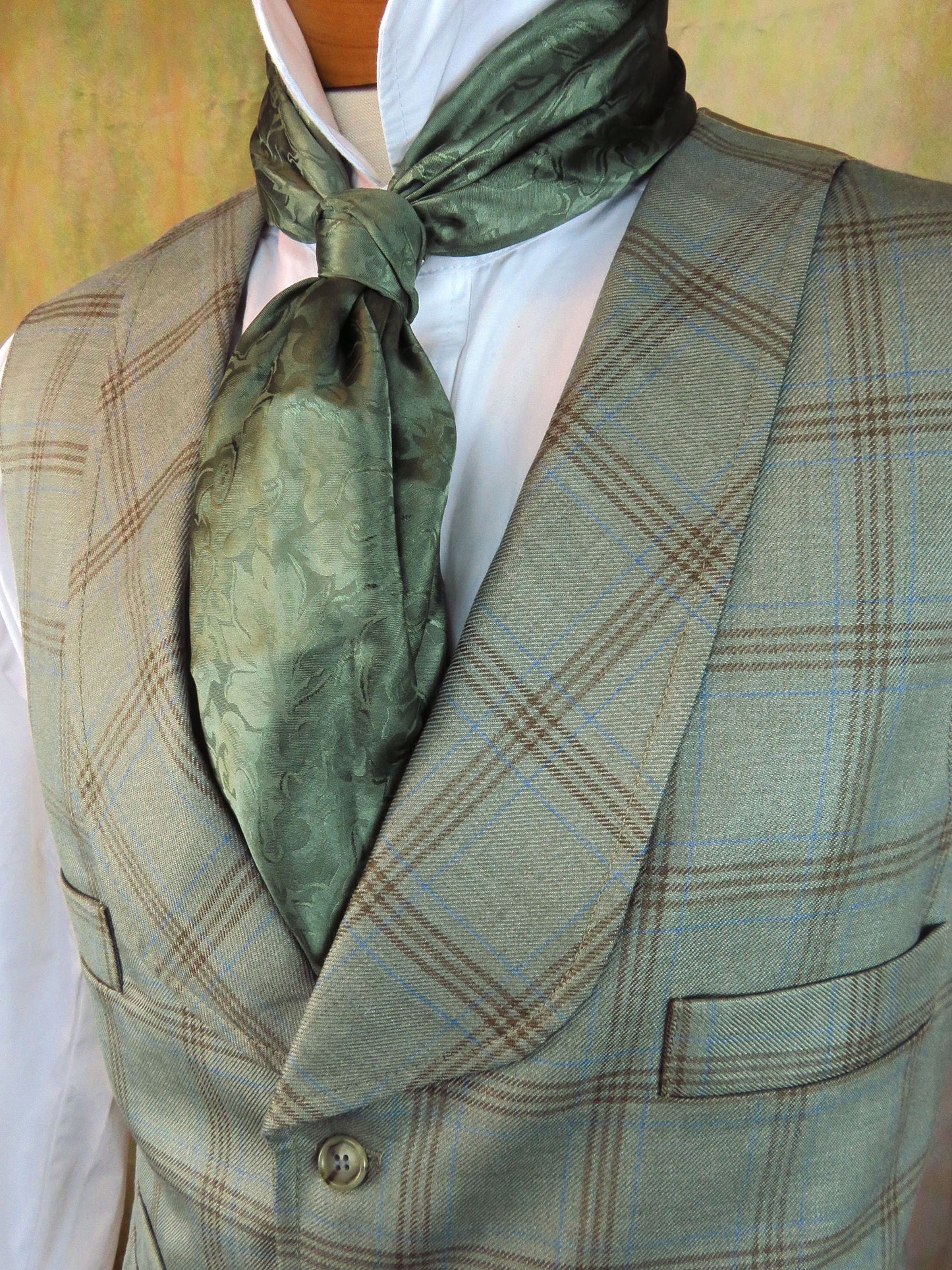 Men's Shawl Vest - Pale Olive and Tan Plaid #437