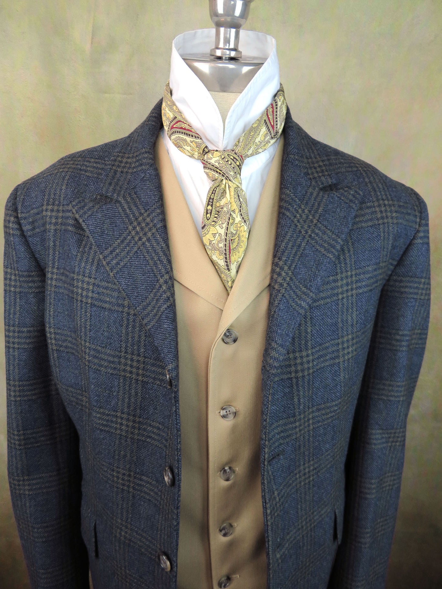 Men's Town Coat - Sapphire Blue Glen Plaid with Olive Accents #989-B