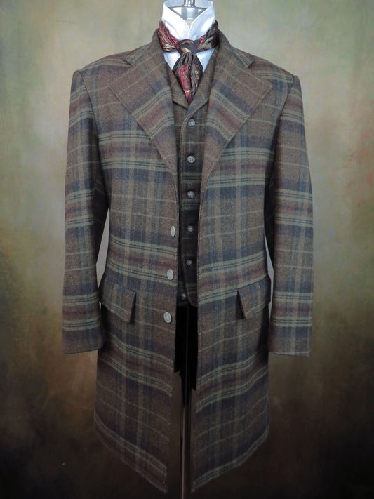 Men's Frock Coat - Brown, Rust and Taupe Plaid Flannel