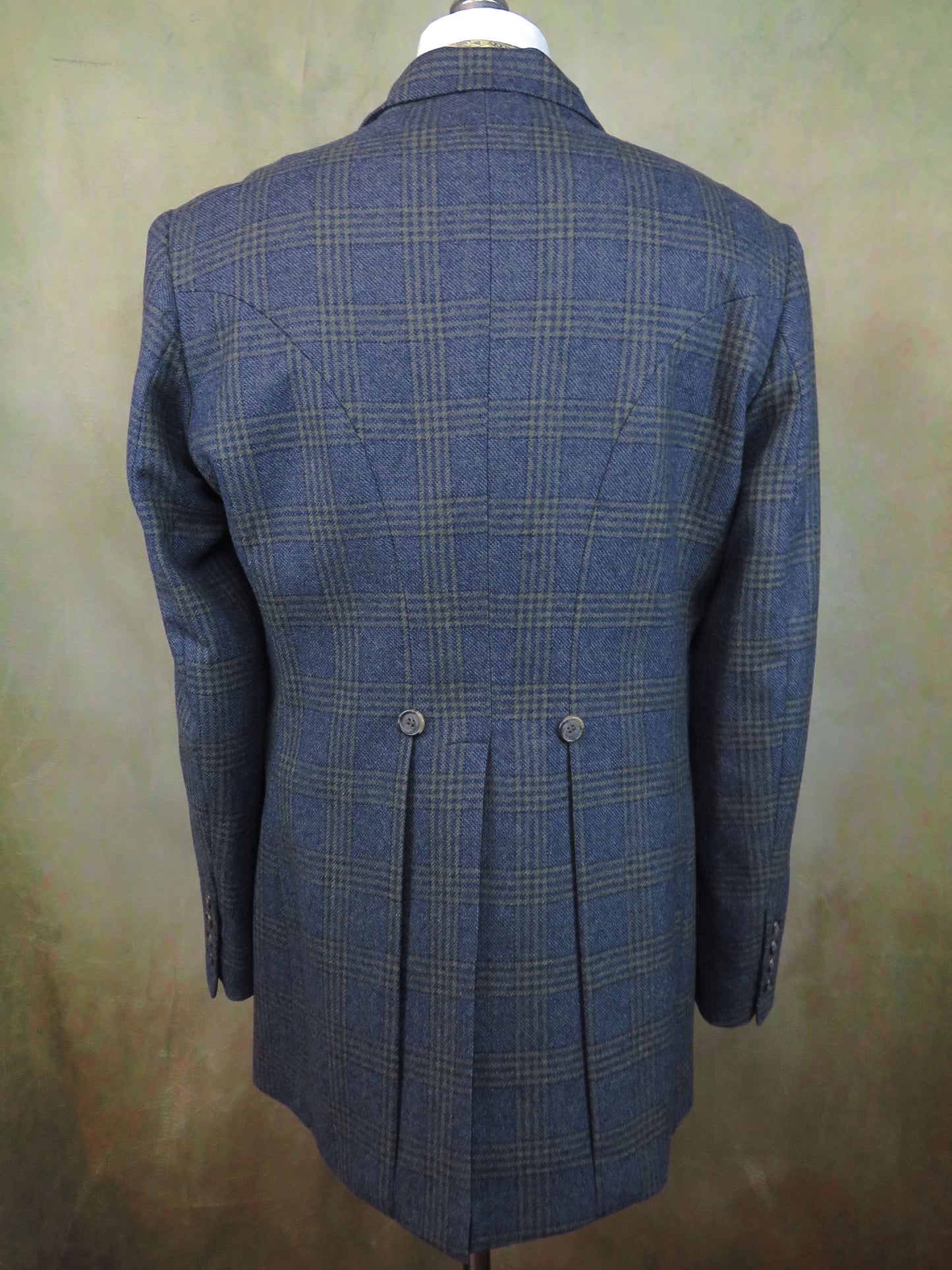 Men's Town Coat - Sapphire Blue Glen Plaid with Olive Accents #989-B