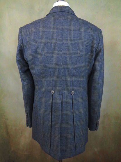 Men's Town Coat - Sapphire Blue Glen Plaid with Olive Accents #989-B