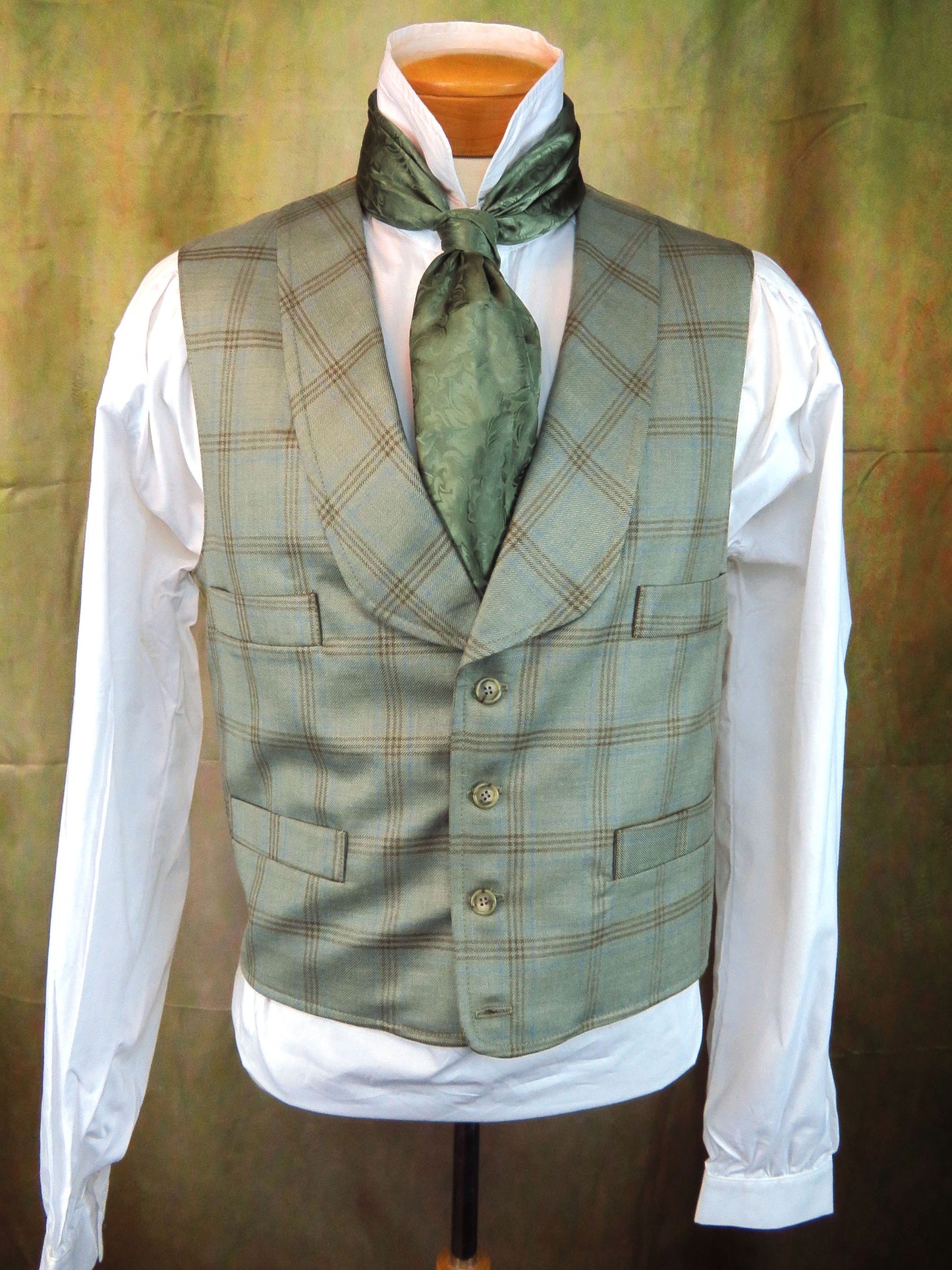 Men's Shawl Vest - Pale Olive and Tan Plaid #437
