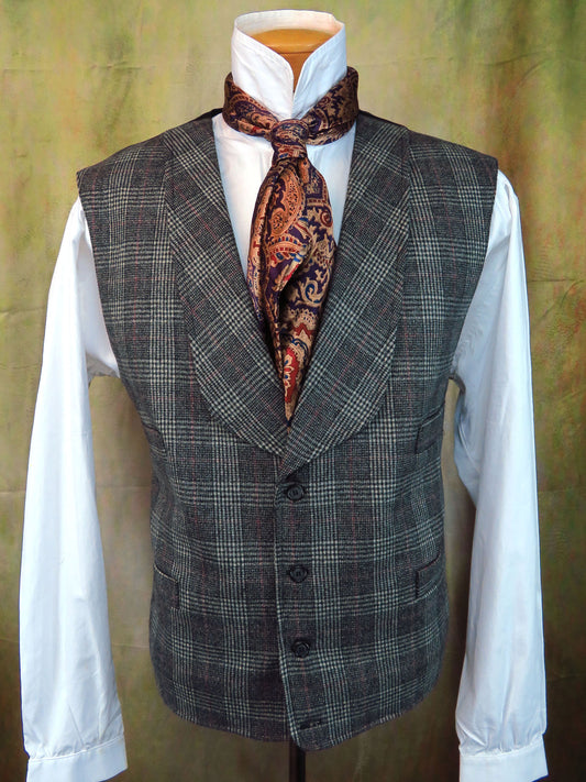 Men's Shawl Vest - Pewter Grey and Wine Glen Plaid #540