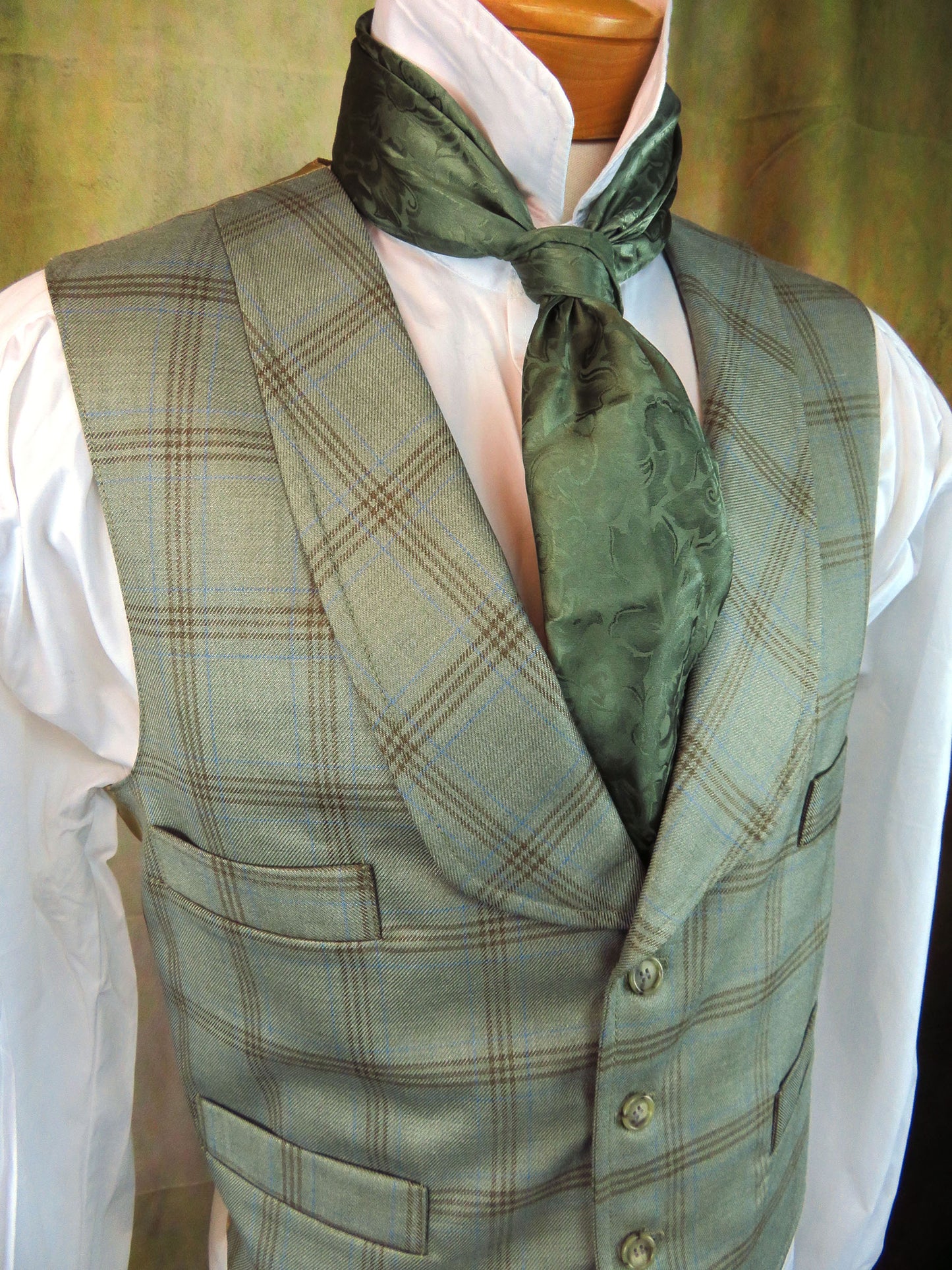 Men's Shawl Vest - Pale Olive and Tan Plaid #437